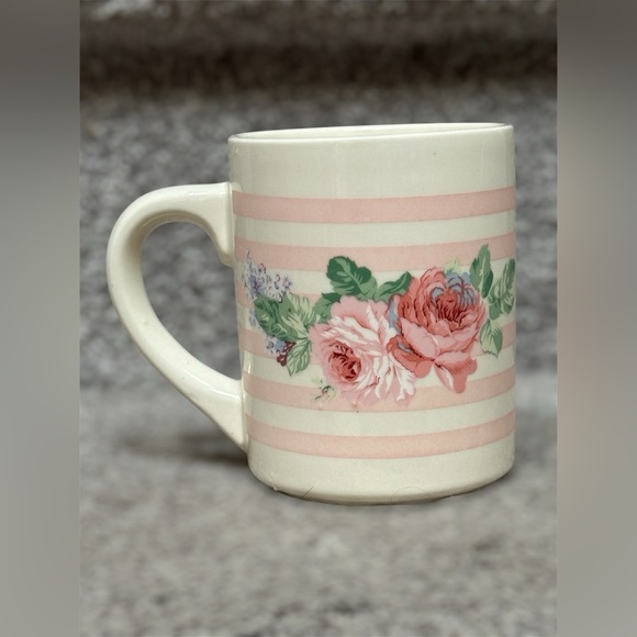 Vintage Cottagecore Floral Ceramic Mug Pink Striped Rose Tea Cup Romantic - Picture 2 of 9